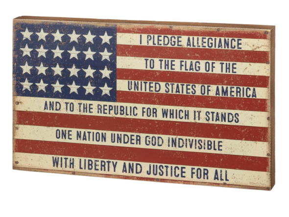 20 Inch Red White And Blue Rustic Wooden Box Sign Featuring a Patriotic Flag Design and Pledge Allegiance to the Flag Sentiments