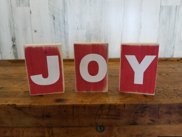 3 Pieces Red Wooden Block Sign Featuring “JOY” Sentiment, Each Block Has One Letter