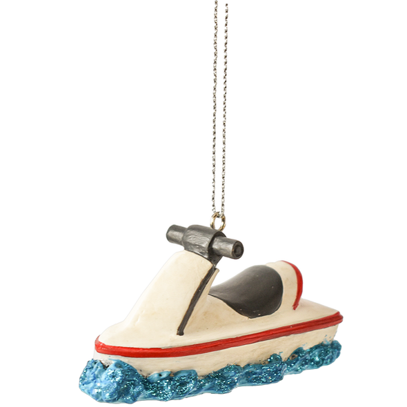 3 Inch Personalized Ornament Featuring White with Red Lining Jet Ski and Blue Waves Design