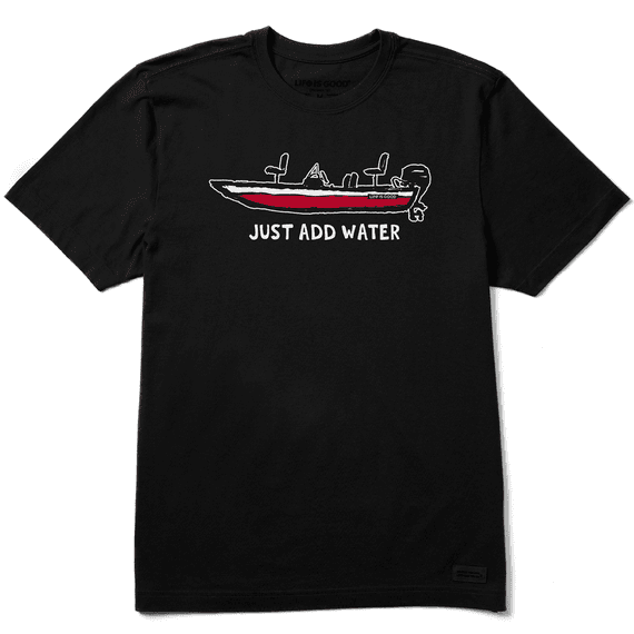 Classic Fit Black Crew Neck Crusher Tee With Imprinted Boat Design and Just Add Water Phrase