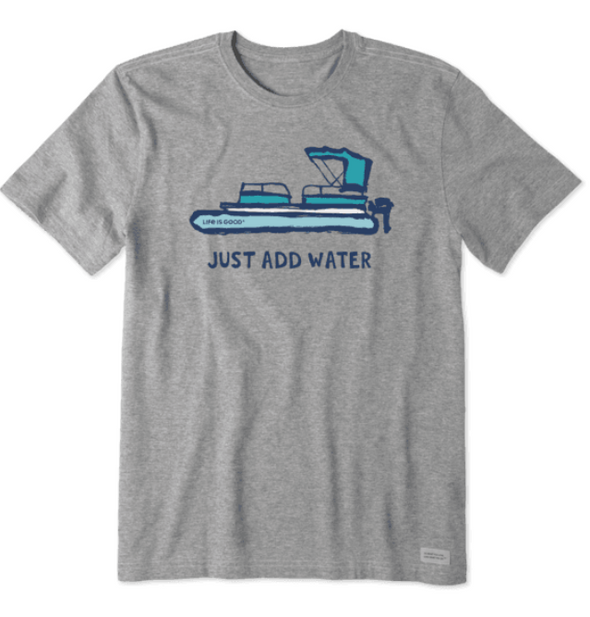Classic Fit Gray Crew Neck Crusher Tee With Pontoon Boat Design and Just Add Water Phrase