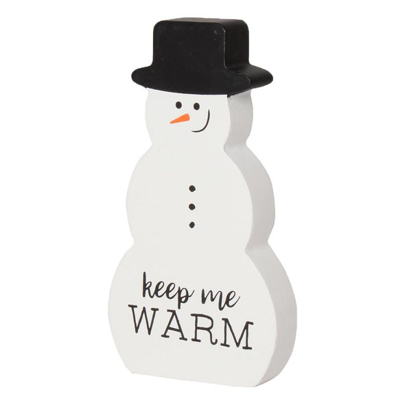 6 Inch Rustic White Snowman Featuring Black Hat and "Keep Me Warm" Sentiment