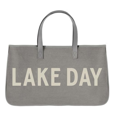 Grey Canvas Tote With Leather Strap and Lake Day Phrase