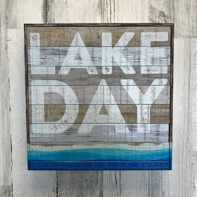 12 Inch Wooden Frame Wall Decor Featuring "Lake Day" Text With Blue Sea Water Design At The Bottom