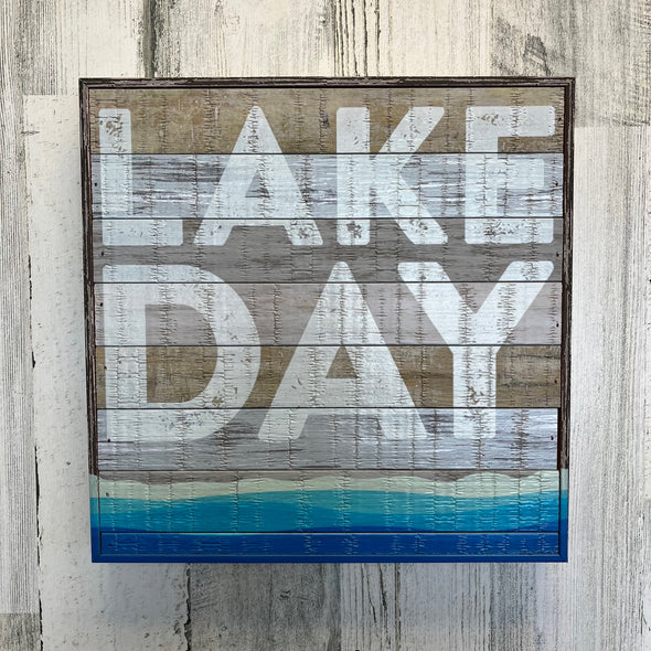 12 Inch Wooden Frame Wall Decor Featuring "Lake Day" Text With Blue Sea Water Design At The Bottom