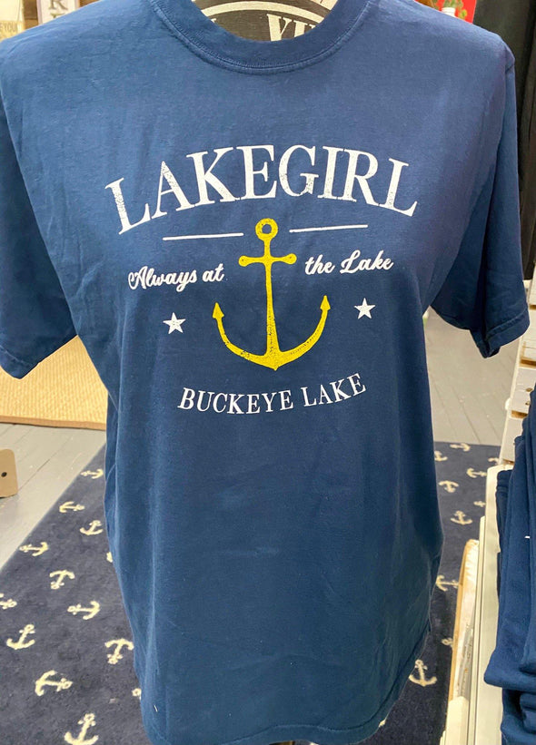 Blue Crew Neck Short Sleeve Tee With Anchor Design and Lake Girl Buckeye Lake Phrase