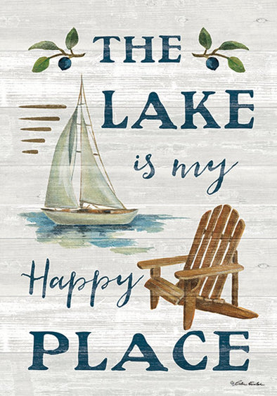 White Garden Size Flag With Sailboat and Adirondack and The Lake is My Happy Place Phrase
