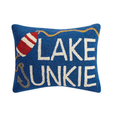 18 Inch Long Blue Hook Pillow Featuring "Lake Junkie" Sentiment with Hook and Float Design