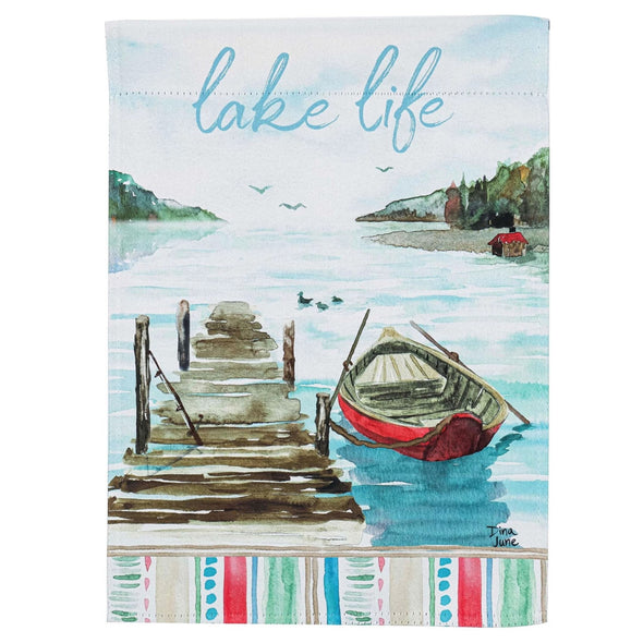 18 Inch Blue Garden Suede Flag With Boat Dock and a Canoe Beside With Lake Life Phrase