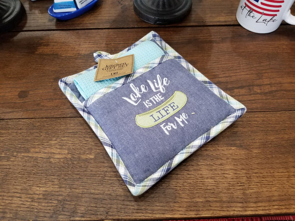 100 Percent Cotton Set of Gray Potholder and Dishtowel Featuring "Lake Life is the Life fo Me" Sentiment
