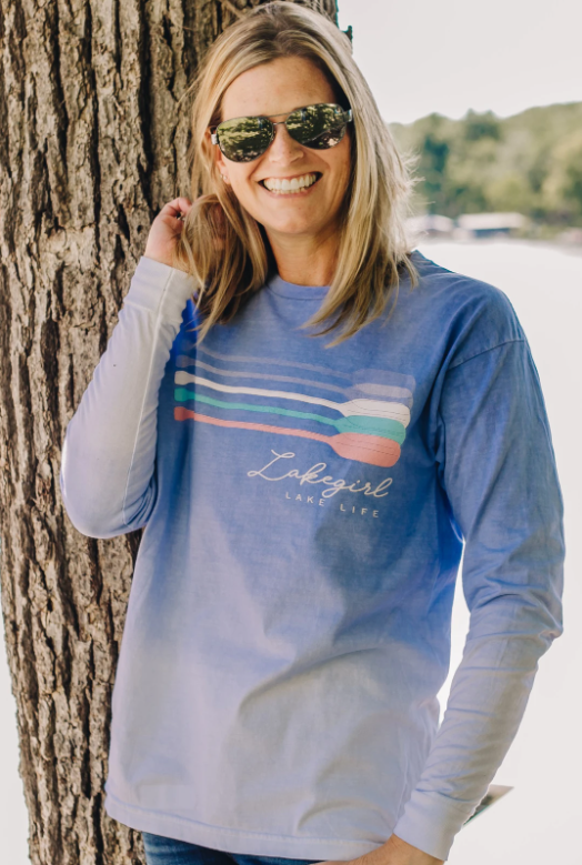 "Perry Crew Neck Long Sleeve Tee With Faded Color on the Lower Part and Colorful Paddle Design With Lake Girl Lake Life Phrase"