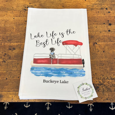 30 Inch 100% Cotton White Flour Sack Towel Featuring "lake Life is the Best Life Buckeye Lake" Sentiment with Dog on a Red Pontoon Boat Design