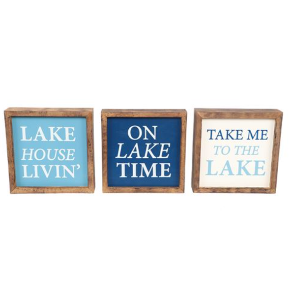 6 Inch Teal, Blue, and White Wooden box Sign with Natural Wood Frame Featuring Lake House Sayings Sentiment