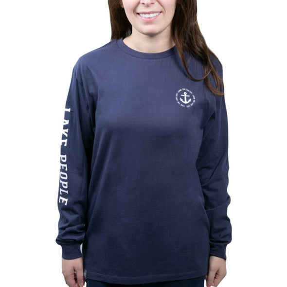 Double Extra Large Navy Blue Round Neck Long Sleeve Shirt Featuring "Lake People on the Arm, Anchor Design on the Left Chest, and "Life is Better at the Lake" Sentiment at the Back