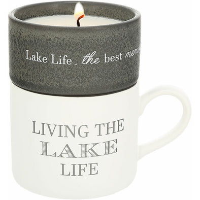 1.5 Inch Tall Gray Speckled Stoneware Candle Featuring "Lake Life" Sentiment and 10.8 Oz Mug Featuring "Living the Lake Life" Sentiment