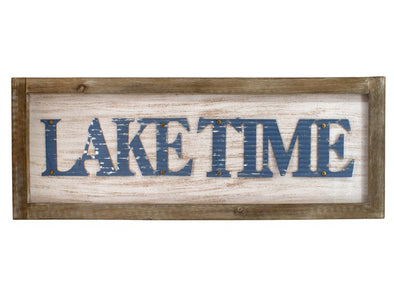 11.75 Inch Distressed White Wooden Framed Wall Sign Featuring "Lake Time" Sentiment