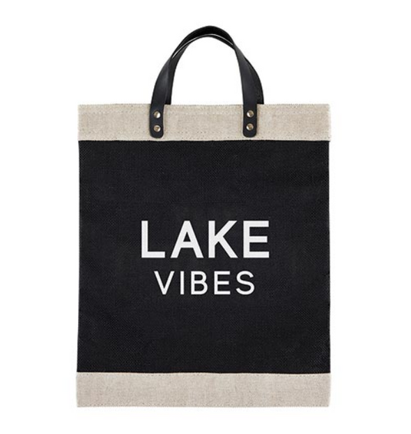 Black and Gray Market Tote With Leather Strap and Lake Vibes Phrase Design