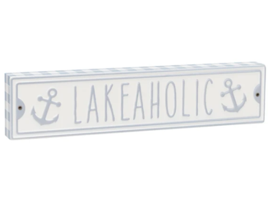11 Inch White Block Sign Featuring Gray Text "Lakeaholic" Sentiment with Anchor Designs