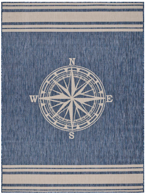Navy and White Rug With White Compass Rose Design