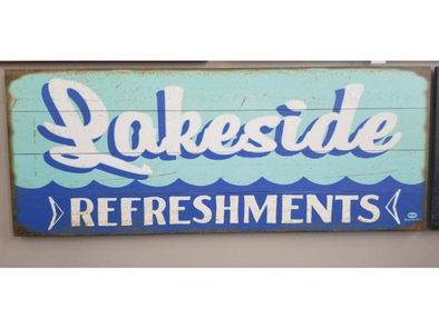 44 Inch Blue Wooden Rectangular Wall Sign Featuring "Lakeside refreshments" Sentiment