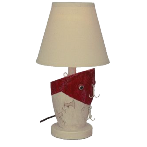 Red and White Decorative Desk Lamp Featuring Fishing Lure Base Design