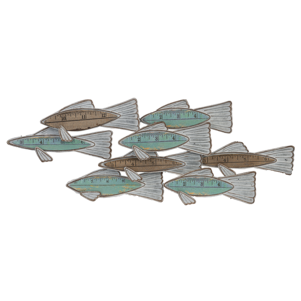 35.5 Inch Brown and Teal Wall Decor Featuring  Layered Fish with Ruler Designs