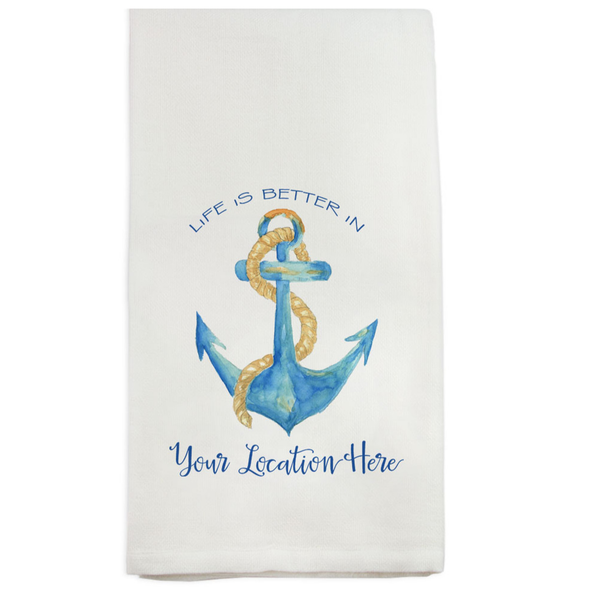 20 Inches White Cotton Dish Towel Featuring Anchor and Rope Design with "Life Is Better In" Message and Buckeye Lake at the Bottom