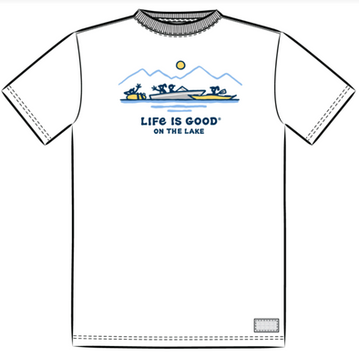 Classic Fit White Crew Neck Crusher Tee With Imprinted Boat Design and LIfe is Good on the Boat Phrase