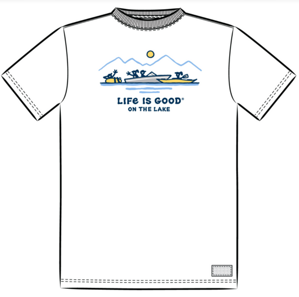 Classic Fit White Crew Neck Crusher Tee With Imprinted Boat Design and LIfe is Good on the Boat Phrase