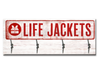 44 Inch Coat Rack with Wooden Back Board and Four Metal Hooks Featuring "Life Jackets" Sentiment with Jacket Design