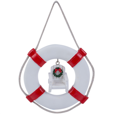 6 Inch White and Red Life Ring with Rope Ornament Featuring White Adirondack Chair Design