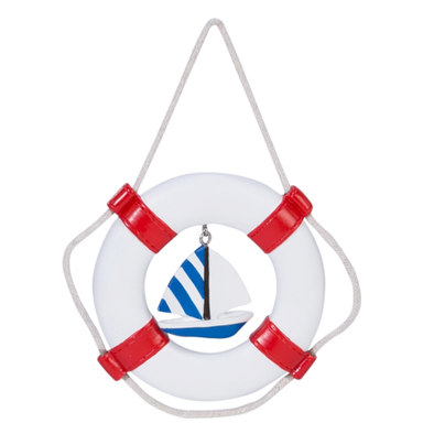6 Inch White and Red Life Ring with Rope Ornament Featuring White and Blue Sailboat Design