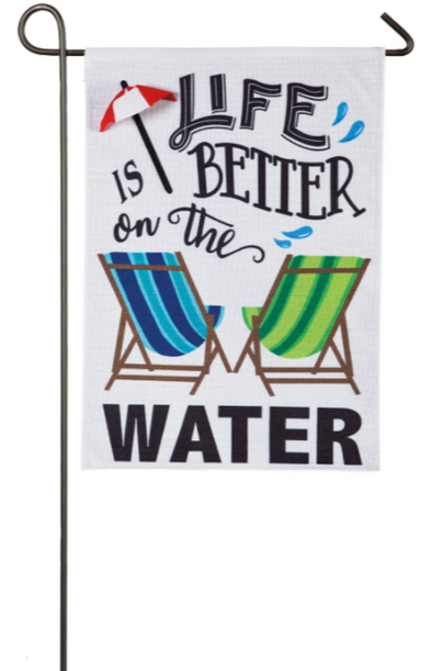 18 Inch White Garden Burlap Flag With Two Beach Chairs Design and Life is Better on the Water Phrase