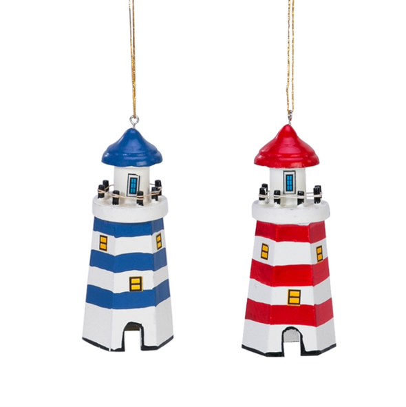 Red and Blue Lighthouse Ornament with Strap for Hanging