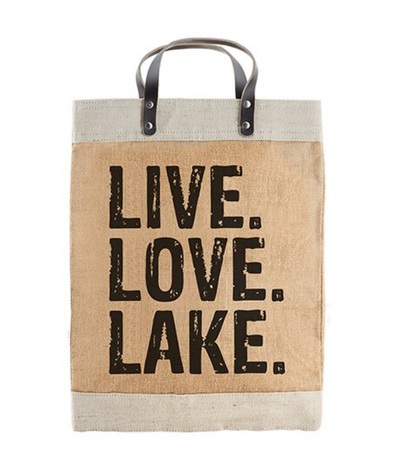 18 Inch Brown and Gray Market Tote With Gray Leather Strap Live Love Lake Phrase