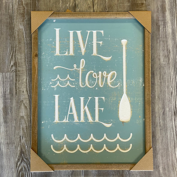 16.3 Inch Blue Wooden Wall Sign with Brown Frame Featuring Waves and Paddle Designs and "Live Love Lake" Phrase
