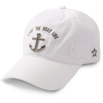 White and Dark Gray Adjustable Back Closure Cap Featuring Embroidered "Livin' the Boat Life" Sentiment with Applique Anchor Patch Design