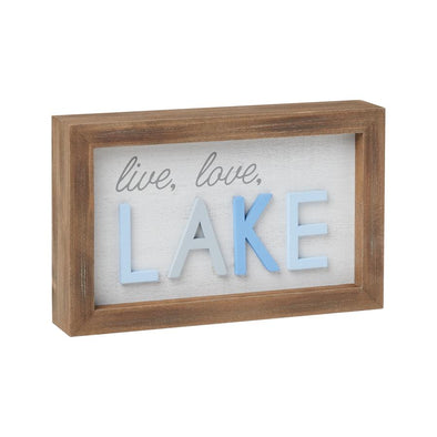 8 Inch Long White Wooden Box Sign wiith Natural Wood Frame Featuring "Live Love Lake" Sentiment