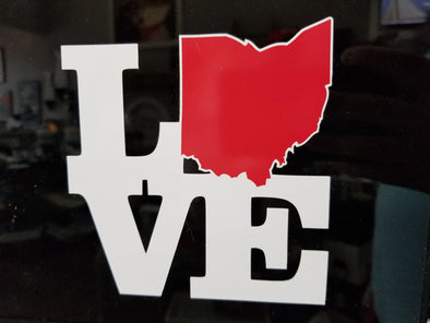 White Love Phrase With Red Ohio Cutout Map Vinyl Auto Decal