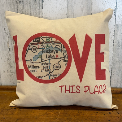 16 Inch Square Cotton Canvas Pillow Featuring "Love this Place" Sentiment With Buckeye Lake Map Design