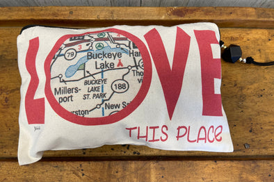 White Zip Bag With Red Love This Place Phrase and Buckeye Lake Map Inside the Letter O
