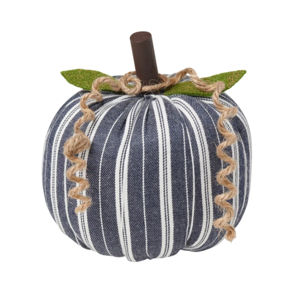 5 Inch Navy Striped Pumpkin Home Decor With Green Leaves Design