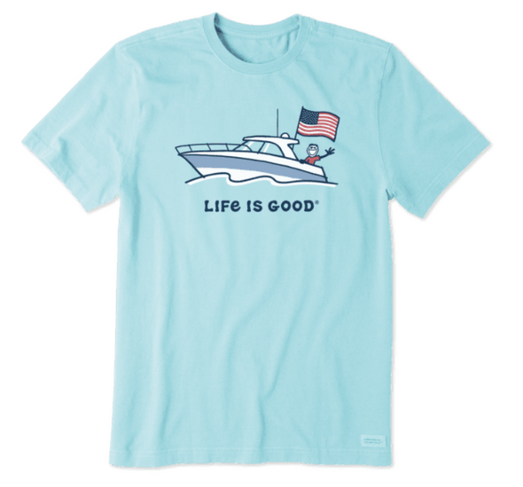 Classic Fit Beach Blue Crew Neck Crusher Tee With American Flag on a Power Boat