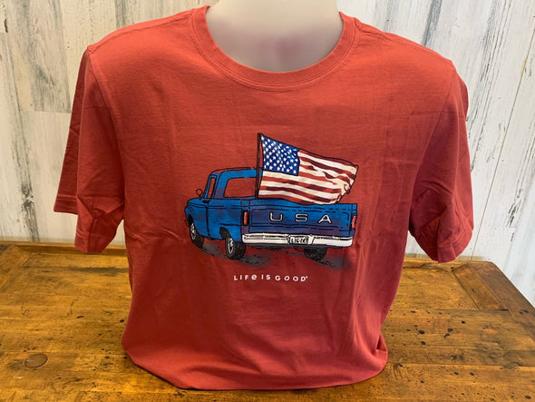 Classic Fit Red Crew Neck Crusher Tee With American Flag on Blue Pick-up Truck with USA Text at the Back