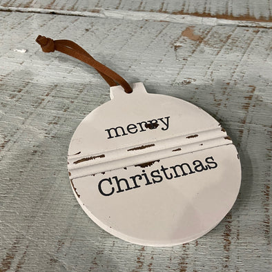 Light White Wooden Ornament Featuring "Merry Christmas" Sentiment and a Strap for Hanging