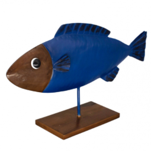 16 Inch Blue and Brown Metal Fish Sitter in a Brown Metal Base