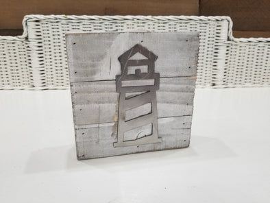 6 Inch Distressed White Wooden Box Sign With Metal Lighthouse Cutout Design