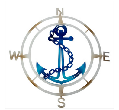 Metal Wall Compass Rose with Blue Anchor