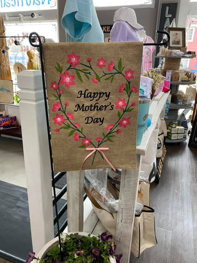 Brown Garden Sized Burlap Flag With Heart Shaped Flower Design and Happy Monther's Day Phrase