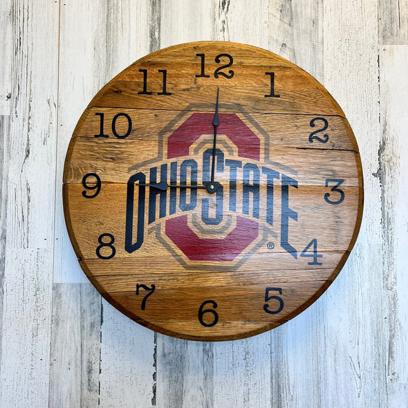 Round Wooden Wall Clock Featuring "Ohio State O" Design